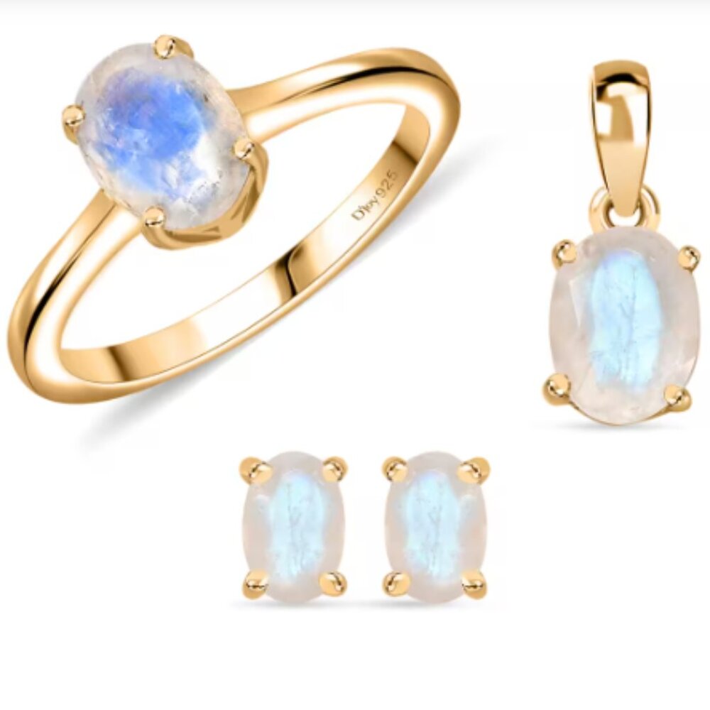 Moon Glow Moonstone Solitaire Stud Earrings, Ring and Pendant